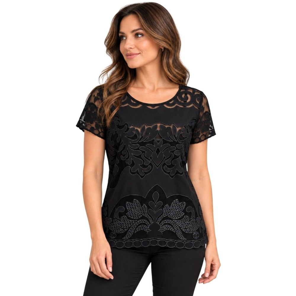 Banana Republic Black Regalia Lace Mesh Short Sleeve Top Size 10